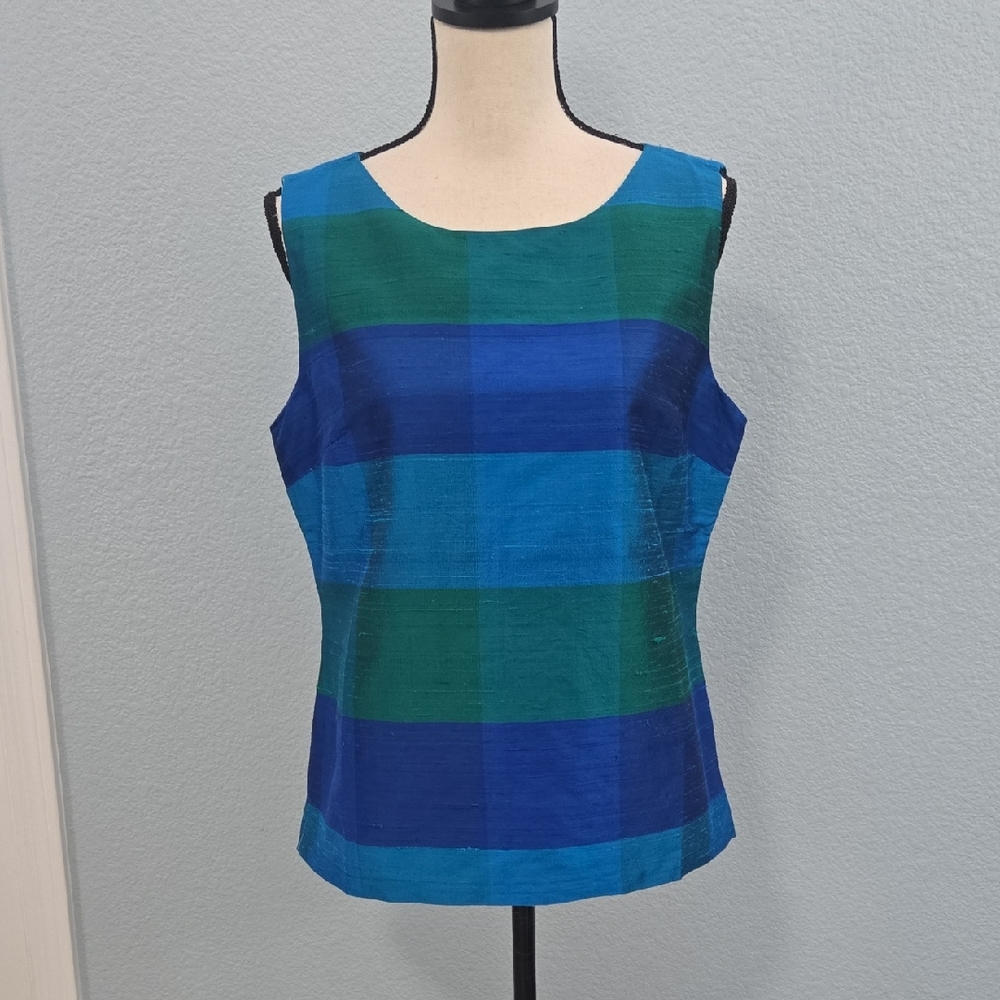 NWT TALBOTS Silk Shantung Tank Top Blouse Blue Green Stripe Side Zip Lined Sz 12